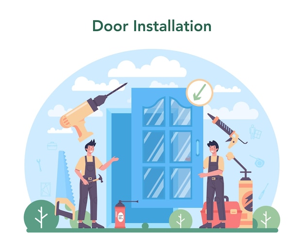 Free Vector installer concept worker in uniform installing window and door professional service repairman team construction service house renovation isolated flat vector illustration