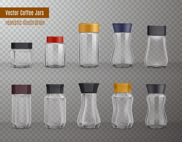 Instant coffee empty realistic various shape glass and plastic jars