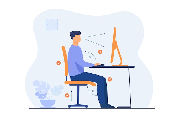 Instruction for correct pose during office work flat illustration. Cartoon worker sitting at desk with right posture for healthy back and looking at computer