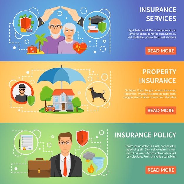 insurance Service 3 Flat Banners Set 