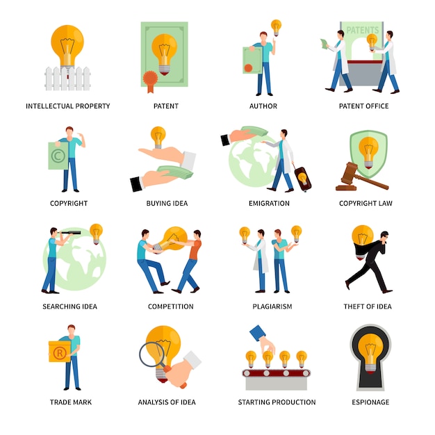 Intellectual property flat icons set 