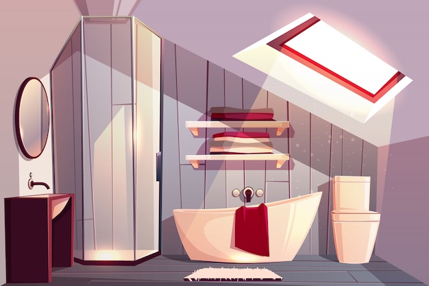 Free Vector  interior of bathroom in attic. modern restroom with glass shower cabin and shelves for towels