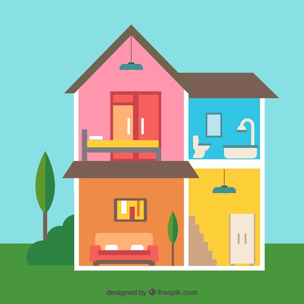 Free Vector interior of house with colorful walls in flat design