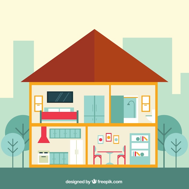 Free Vector interior of house with rooms in flat design