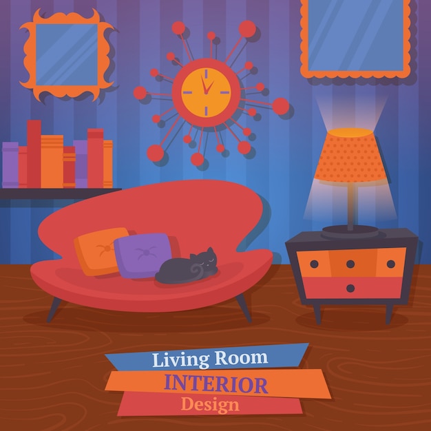 Free Vector interior indoor living room design with sofa mirror clock vector illustration