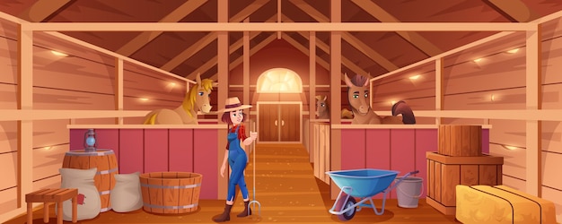 Free vector interior inside of stable with horses and woman stableman