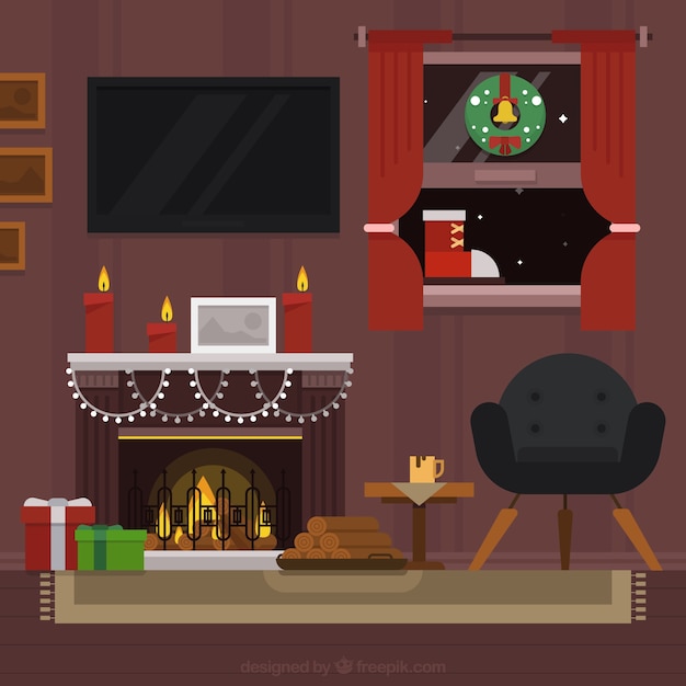 Free Vector interior living room with fireplace