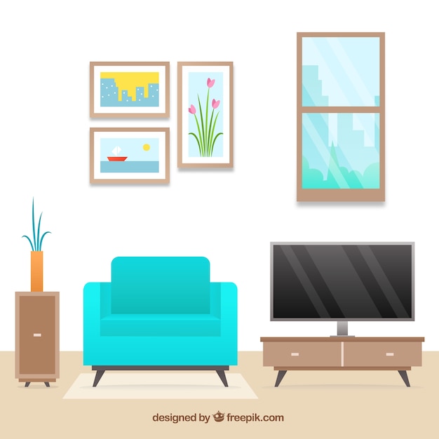 Interior of living room with furniture and pictures