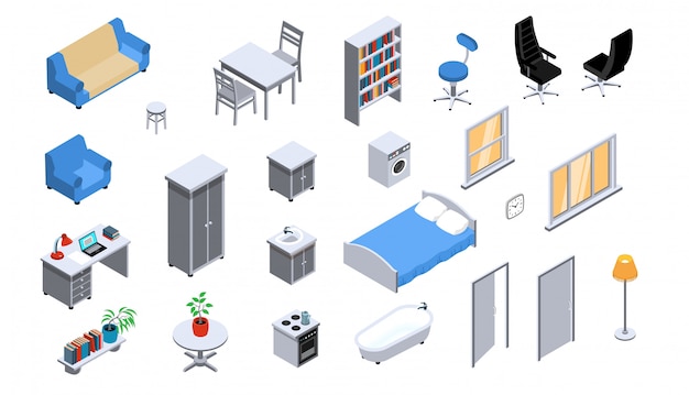 Free vector interior objects appliances furniture lighting isometric icons set with sofa bed bookcase office chair oven