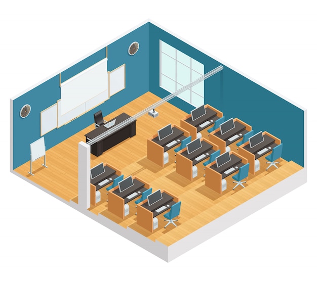 Free Vector interior poster of modern classroom with computers desks chalkboard and magnetic board 