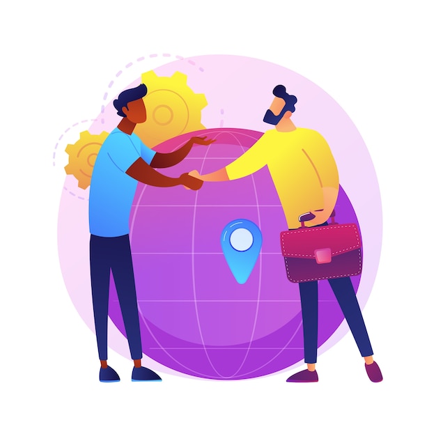 Free Vector international business cooperation. businesswoman and businessman shaking hands. global collaboration, agreement, international partnership.  