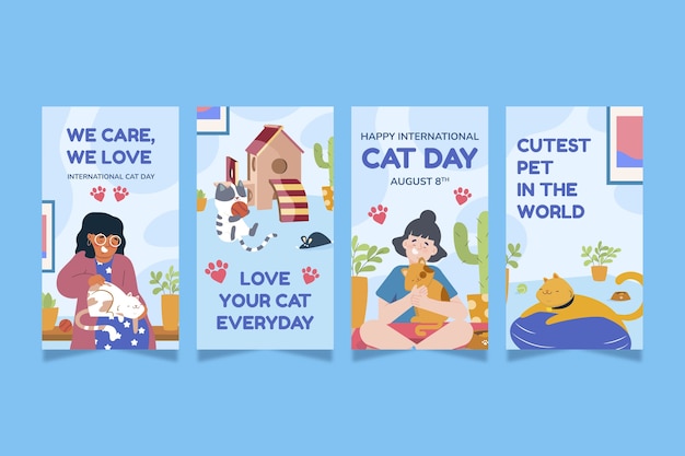 International cat day hand drawn flat ig stories collection