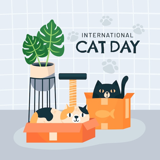 International cat day hand drawn flat illustration