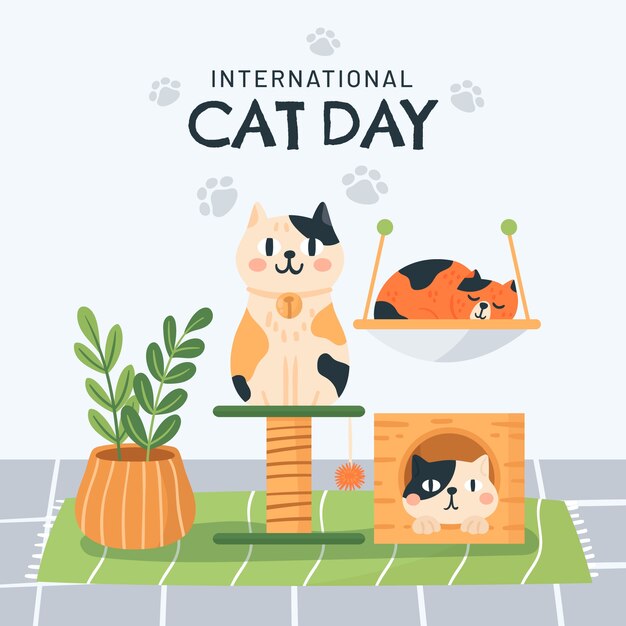 International cat day hand drawn flat illustration