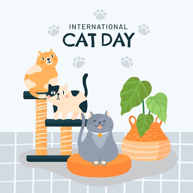 International cat day hand drawn flat illustration