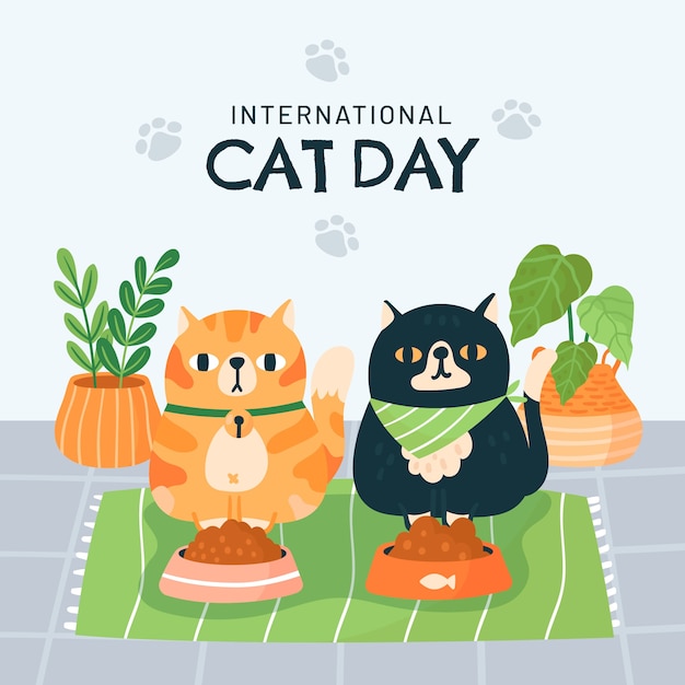 International cat day hand drawn flat illustration