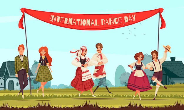 Free Vector international dance day with group of people in various national costumes dancing outdoors in country style illustration