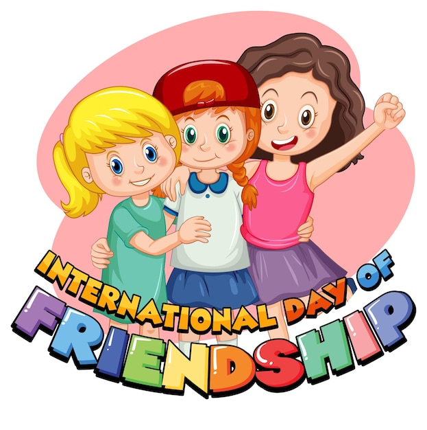 Free Vector international day of friendship font logo with three children