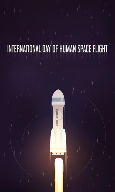 International day of human space flight flat composition with starting rocket at night starry sky illustration