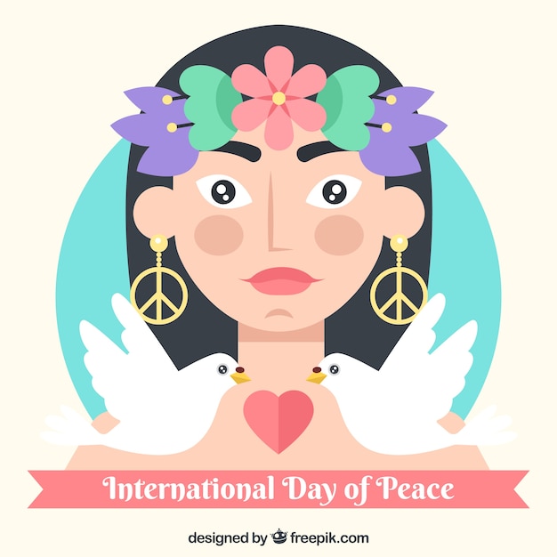 International day of peace, a woman, two doves and a heart