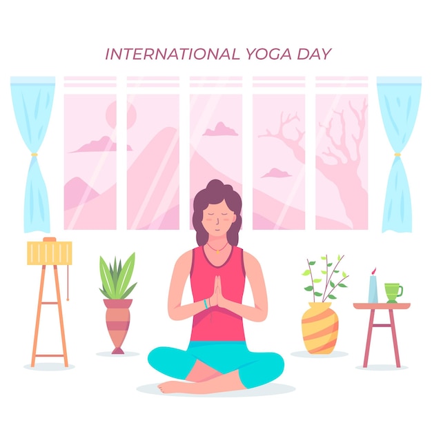 Free Vector international day of yoga with woman at home