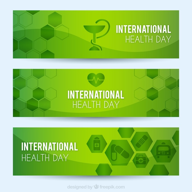 International health day green banners with hexagons