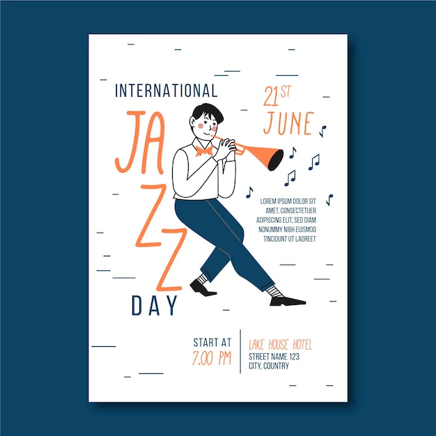 International jazz day vertical poster template with man and trumpet