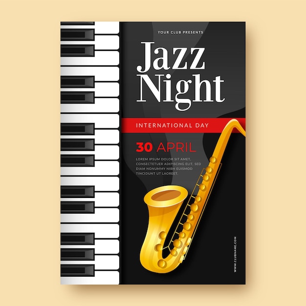 Free Vector international jazz day vertical poster template with saxophone and piano keys