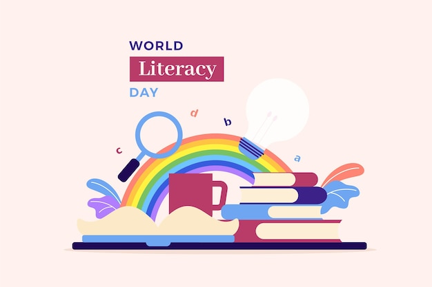 Free Vector international literacy day with books and rainbow