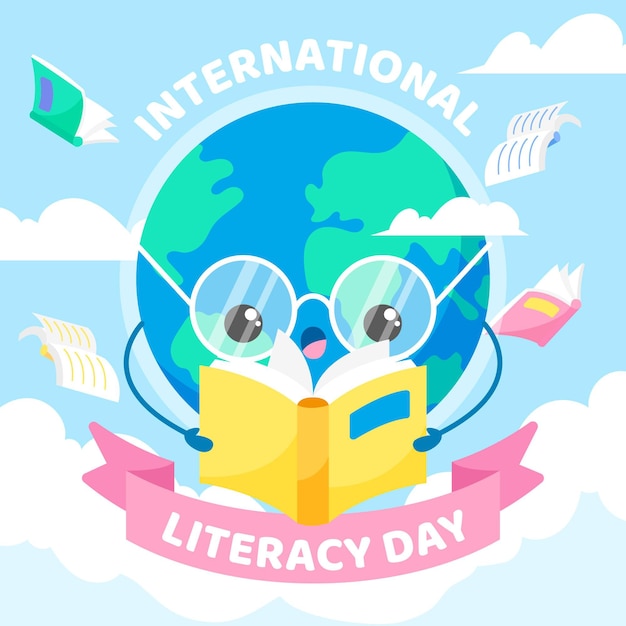 Free Vector international literacy day with earth reading book