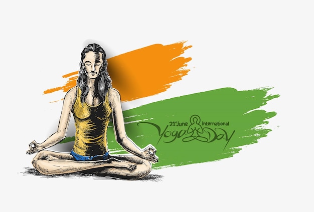 International Yoga Day Young Woman Meditates Abstract Post Ad Banner Vector illustration