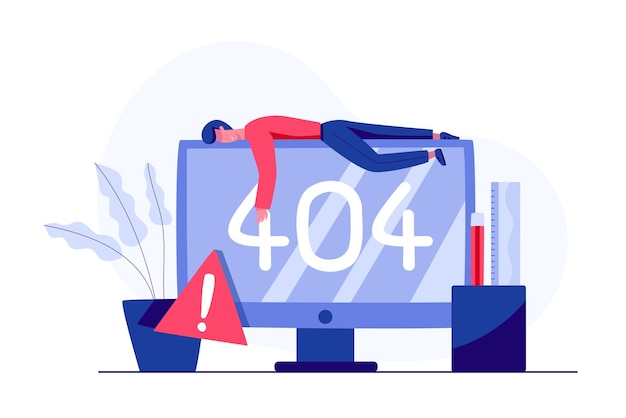 Free Vector internet network warning 404 error page or file not found for web page. internet  error page or issue not found on network. 404 error present by man sleep on display.