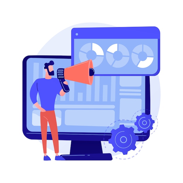 Free Vector internet poll results. marketing survey, report analyzing, questionnaire. marketer cartoon character with megaphone. infographics on monitor screen concept illustration