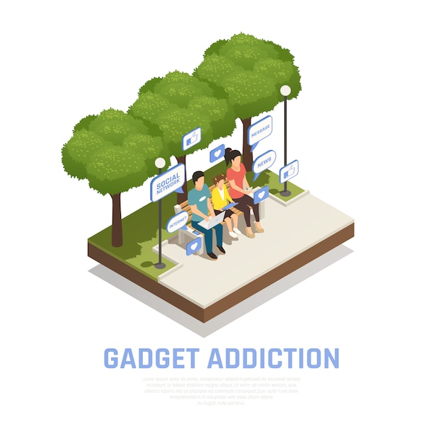 Free Vector internet smartphone gadget addiction isometric composition with outdoor scenery images and family with thought bubble pictograms vector illustration