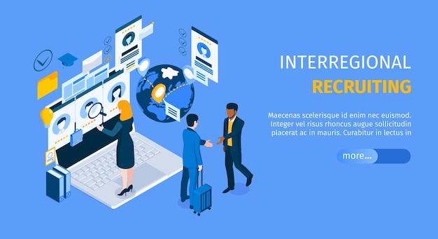 Interregional recruiting program landing page with standing on laptop agent searching candidates isometric