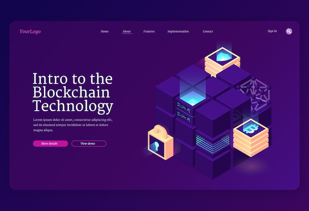 Intro to blockchain technology isometric landing page.