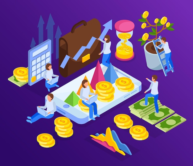 Investment illustration with money arrows and human characters with smartphone and sand glass