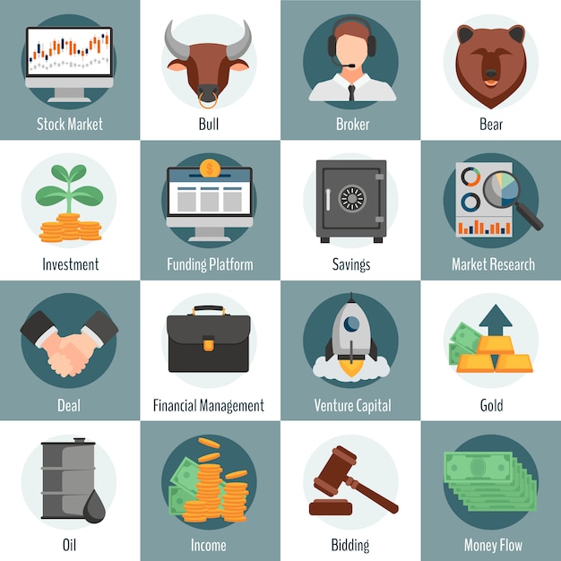 Investment and trading flat icons set for web design with bull bear broker gold oil bidding symbols isolated vector illustration 