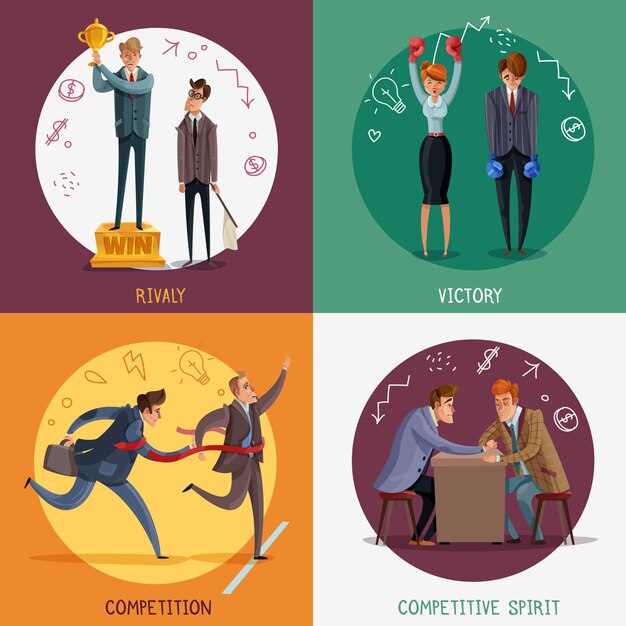 Investor business winner loser characters concept with doodle style people and sketch pictograms with text