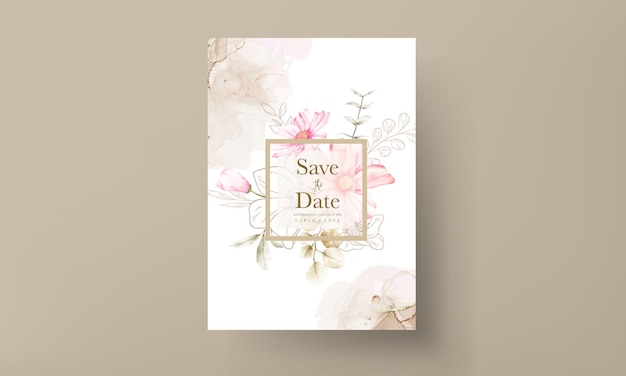 invitation card template with beautiful pink flower and golden floral