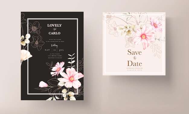 invitation card template with beautiful pink flower and golden floral