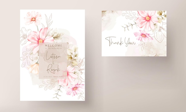 Free vector invitation card template with beautiful pink flower and golden floral