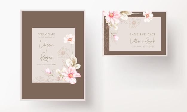 invitation card template with beautiful pink flower and golden floral