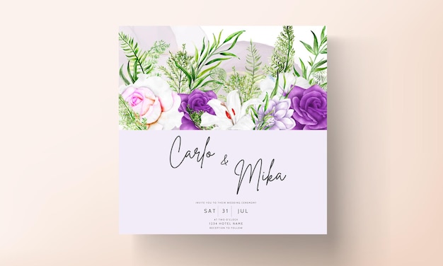 Free vector invitation card template with beautiful purple floral