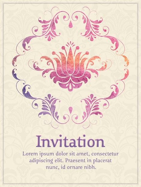 invitation card with watercolor damask element on the light damask background