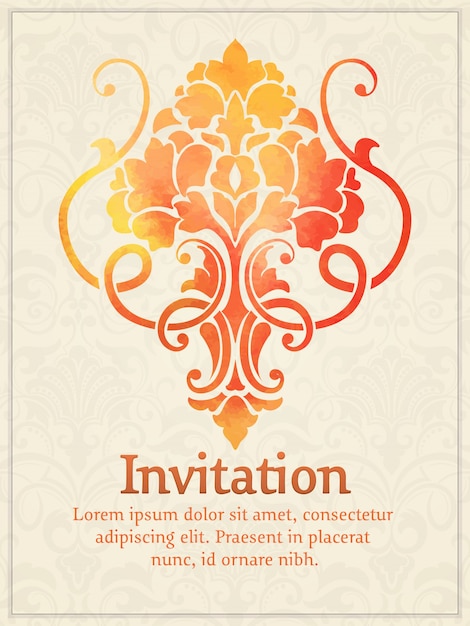 invitation card with watercolor damask element on the light damask background