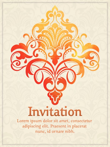 invitation card with watercolor damask element on the light damask background