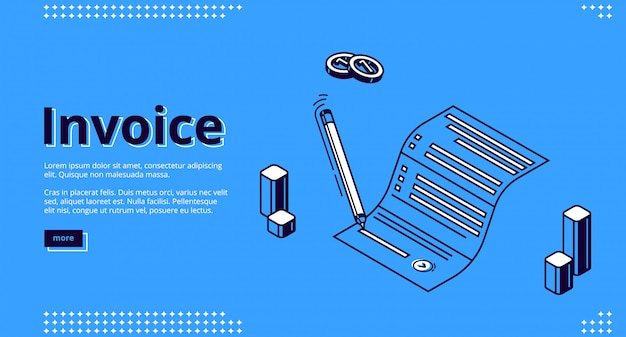 Invoice isometric landing page, paper bill signing