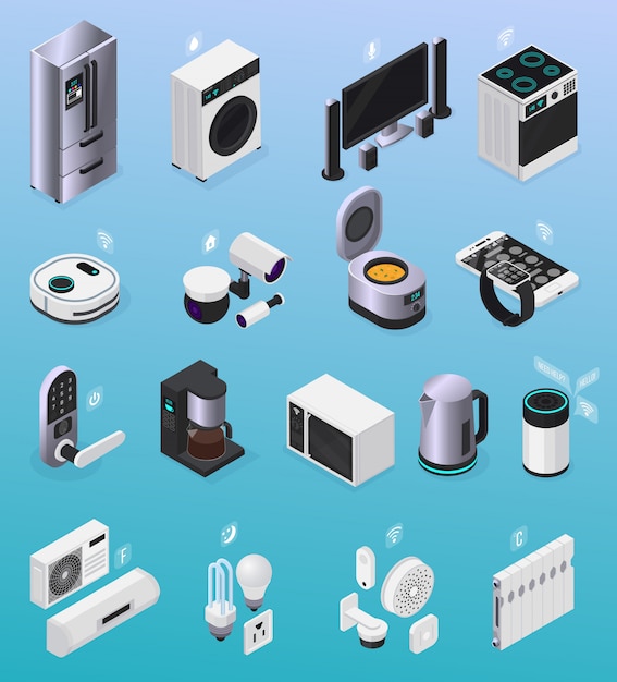 Free Vector iot smart home remote controlled electronic devices isometric icons collection with refrigerator tv stove coffeemaker  illustration