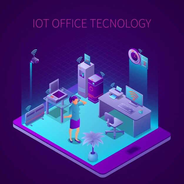 Iot technology at office work space isometric composition on mobile device screen vector illustration